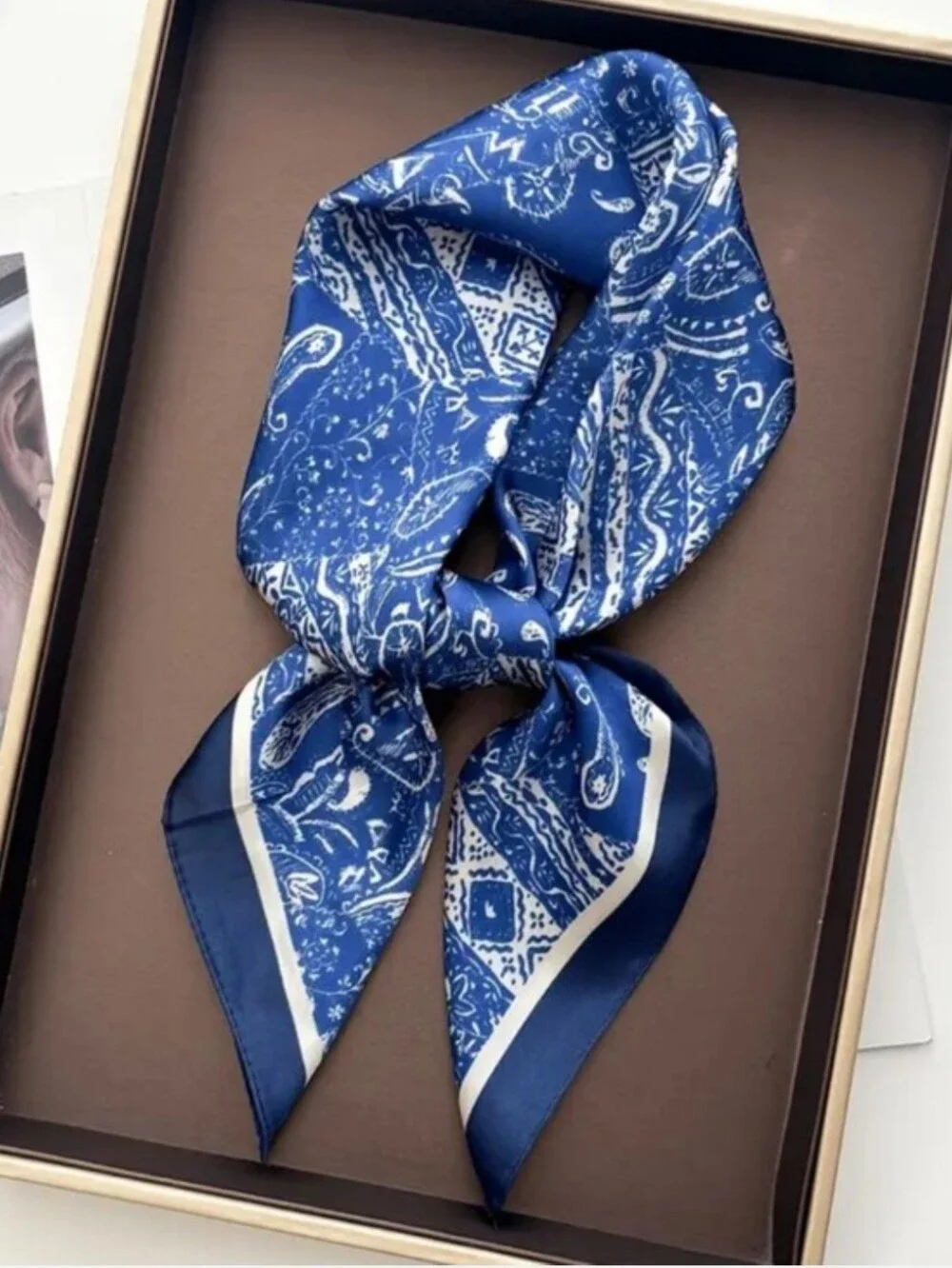 Silk-feel Blue Paisley Silk Scarf Wrap